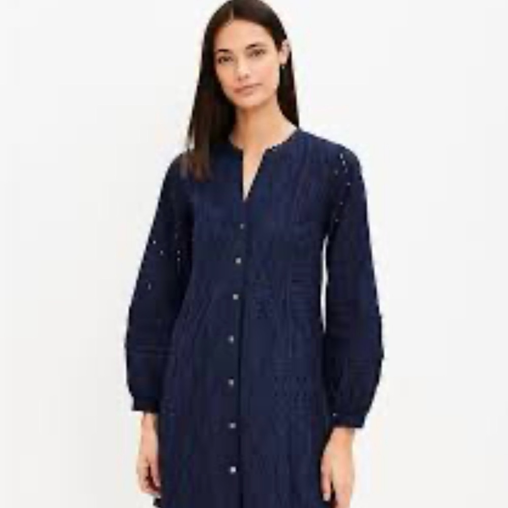 Loft Navy Blue Eyelet Button-Down Dress